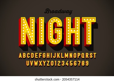 Broadway light bilb sign style font design, alphabet letters and numbers vector illustration