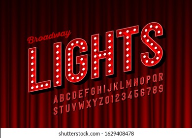 Broadway lights retro style font with light bulbs, vintage alphabet letters and numbers vector illustration svg