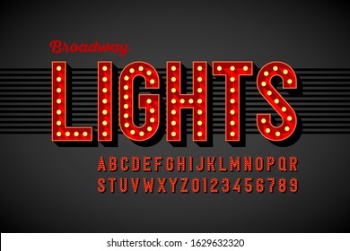 Broadway Lights Retro Style Font With Light Bulbs, Vintage Alphabet Letters And Numbers Vector 