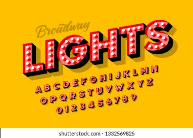 Broadway lights, retro style light bulb font, vintage alphabet, letters and numbers vector illustration