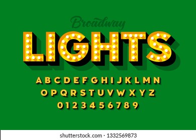 Broadway Lights, Retro Style Light Bulb Font, Vintage Alphabet, Letters And Numbers Vector Illustration