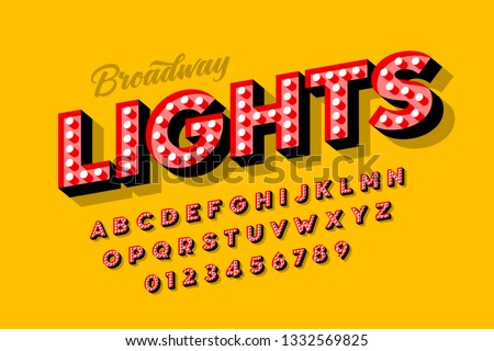 Broadway lights, retro style light bulb font, vintage alphabet, letters and numbers vector illustration