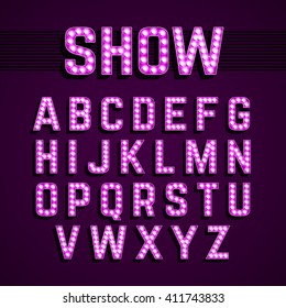 Broadway Lights Style Light Bulb Alphabet, Night Show. Vector Illustration.