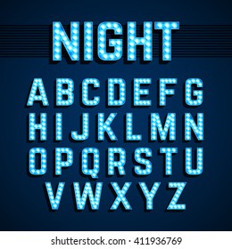 Broadway lights style light bulb alphabet, night show. Vector illustration.