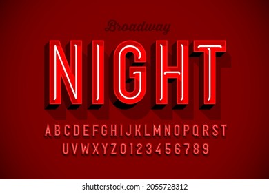 Broadway neon sign style font design, alphabet letters and numbers vector illustration