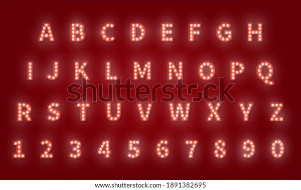 Broadway\
retro typography font. 3d light bulb\
alphabet