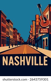 Broadway Street in Nashville is alive with the glow of neon lights, creating a vibrant and energetic atmosphere.
