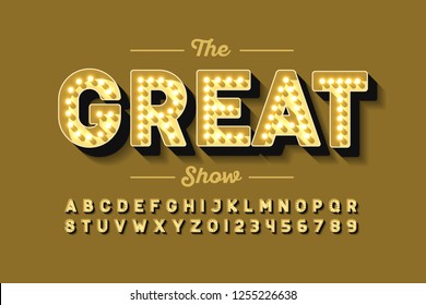 Broadway style retro light bulb font, vintage alphabet letters and numbers vector illustration