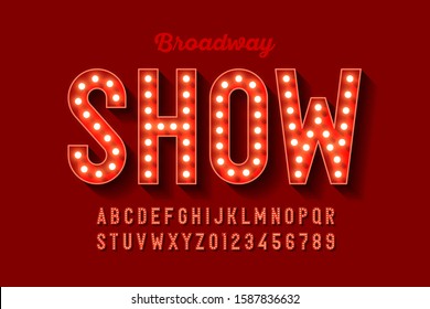 Broadway style retro light bulb font, vintage alphabet letters and numbers, vector illustration