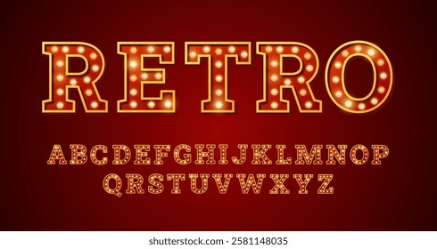 Broadway style retro light bulb font. Vintage alphabet lamp letters and RETRO word. English language uppercase typing vector symbols. Typographic red and golden collection for Circus, cinema, casino