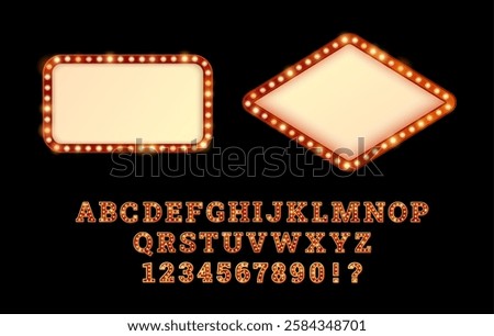 Broadway style retro light bulb font. Vintage lamp alphabet letters, rhombus and rectangle red golden objects. English language uppercase typographic vector symbols. Circus, cinema, casino decoration