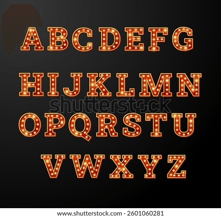 Broadway style retro light bulb font. Vintage alphabet lamp letters. English language uppercase typing symbols vector collection. Typographic red and golden object. Circus, cinema, casino decoration