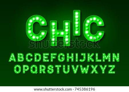 Broadway style retro light bulb font, vector illustration