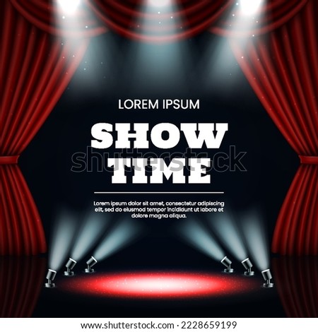 Broadway theater curtains. Award show. Stage red drapery and spotlights. Movie night or showtime. Casino lights. Cinema event. Illuminated circle. Presentation banner. Vector background
