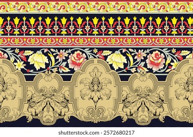 Brocade Border designs featuring intricate floral and paisley arrangements for wallpapers, gift wraps, and decor.