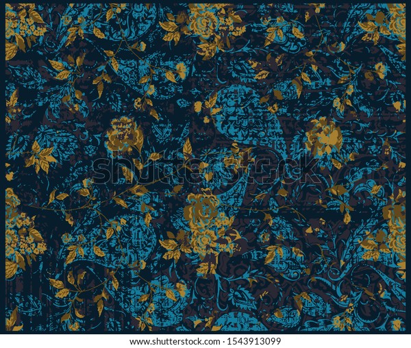 Brocade\
paisley carpet design. Creative background with stripes, flowers\
and vintage  effect. Textile print for bed linen, jacket, package,\
fabric, rug , scarf, linens and fashion concepts\
