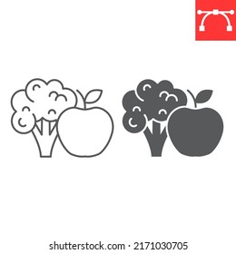 Broccol and apple line and glyph icon, diet and organic, healthy food vector icon, vector graphics, editable stroke outline sign, eps 10.