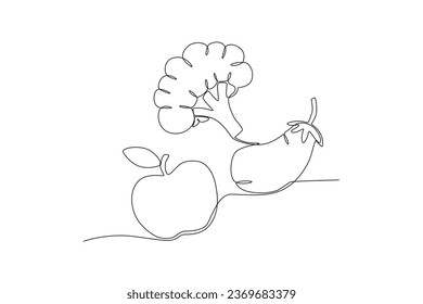 Broccoli, apple, and, eggplant. World vegan day one-line drawing