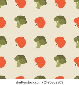 Broccoli, apple seamless pattern. Baby food, feeding. Vector illustration for fabric, background, packaging, wrapping paper