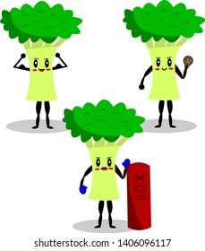 broccoli athletes. healthy vegetables vector characters isolated on white sports concept