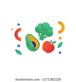 Broccoli, avocado, red apple, vegan or balanced diet food signs, healthy lifestyle concept, vector Illustration on a white background