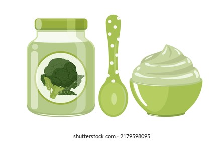 Broccoli baby food puree in glass jar with polka dot spoon and bowl, vector illustration isolated on white background