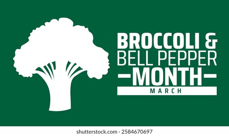 Broccoli and Bell Pepper Month background banner or poster design template. observed every year in March. Holiday concept. Use to any Template, card, poster, placard, template.