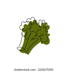 Broccoli black contour drawing with abstract color spot. Green cabbage minimalist silhouette. Continuous vegetable concept design. Green plant hand drawn one line flat vector illustration isolated