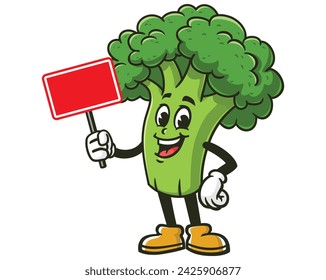 Broccoli with blank sign board cartoon mascot illustration character vector clip art hand drawn