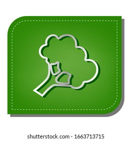 Broccoli branch sign. Silver gradient line icon with dark green shadow at ecological patched green leaf. Illustration.