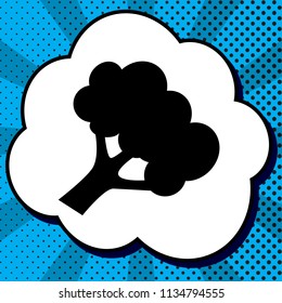 Broccoli branch sign. Vector. Black icon in bubble on blue pop-art background with rays.