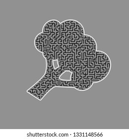 Broccoli branch sign. Vector. Black maze filled icon with white border at gray background.
