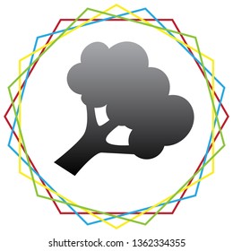 Broccoli branch sign. Vector. Black icon with patch of light inside colorful hexagonal frames at white background.