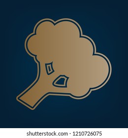 Broccoli branch sign. Vector. Golden icon and border at dark cyan background.