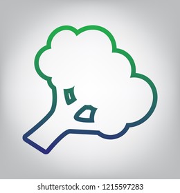 Broccoli branch sign. Vector. Green to blue gradient contour icon at grayish background with light in center.