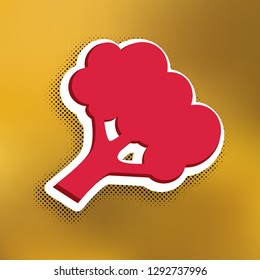 Broccoli branch sign. Vector. Magenta icon with darker shadow, white sticker and black popart shadow on golden background.