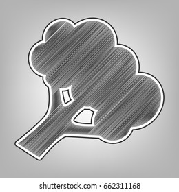 Broccoli branch sign. Vector. Pencil sketch imitation. Dark gray scribble icon with dark gray outer contour at gray background.
