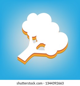Broccoli branch sign. Vector. White icon with 3d warm-colored gradient body at sky blue background.
