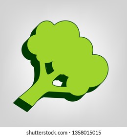Broccoli branch sign. Vector. Yellow green solid icon with dark green external body at light colored background.
