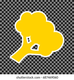 Broccoli branch sign. Vector. Yellow icon with white contour on dark transparent background.