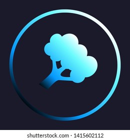 Broccoli branch sign. White, cyan and blue gradient icon as round button in white shell at dark blue background. Illustration.