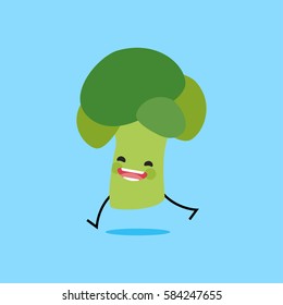 broccoli (Brassica oleracea) with cute face. Illustration funny and healthy food cartoon. Blue background
