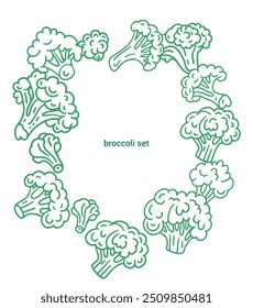 Conjunto de doodle de repollo de brócoli. Ilustración vectorial de icono de contorno simple de brócoli. Verduras de brócoli verde.