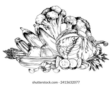 Broccoli, cabbage, eggplant and green vegetables. Black and white hand drawn vector illustration.