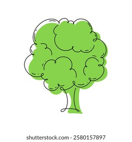 Broccoli cabbage, icon hand-drawn with one line isolated on white, color illustration, vector. Beautiful fresh vegetable for decoration, label, design. Graphic drawing, flat design