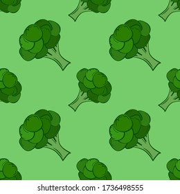 Broccoli, cabbage, pattern. Seamless background of vegetables. Diet healthy organic food. Ingredient salad. Pattern, flat vector illustration. Cooking food. Product from the garden.
