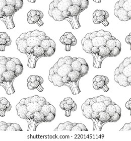 Broccoli cabbage seamless pattern. Hand drawn background. Vector illustration. Hand drawing sketch illustration.  Broccoli cabbage vegetable hand drawn backdrop. 