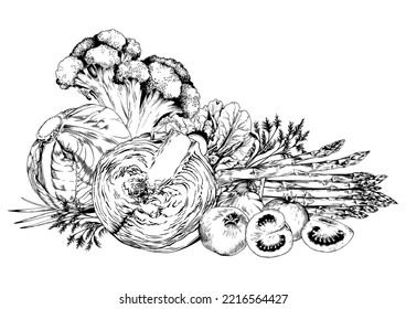 Broccoli, cabbage, tomato and green vegetables. Black and white hand drawn vector illustration.