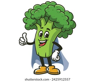 Broccoli with caped superhero style cartoon mascot illustration character vector clip art hand drawn