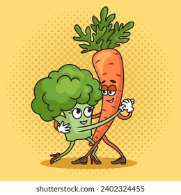 broccoli and carrot dance tango pop art retro hand drawn vector illustration. Comic book style imitation.